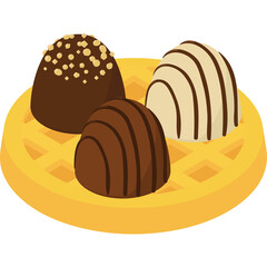 Three Chocolate Candies Arranged on a Golden Waffle with a Textured Surface and a White Background, A Delicious Dessert Treat