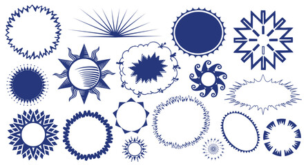 Collection of various sun and starburst shapes and frames in blue