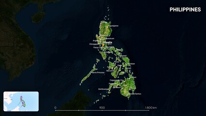 4K Philippines Border Land Map, High Resolution Satellite View with Province Lines and Highly Populated Cities, Widescreen 4K Resolution