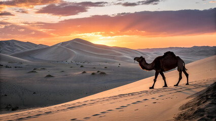 Camel standing through the sand dunes on sunrise