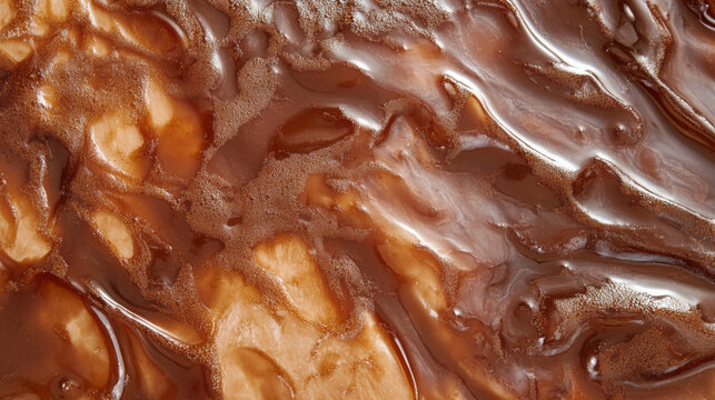 Abstract macro shot of melted chocolate with caramel swirls and textures. close-up showcases the rich textures and colors of melted chocolate and caramel, perfect for food and dessert concepts.