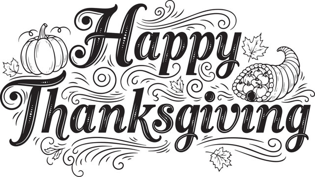 Hand-drawn lettering with a cornucopia and pumpkins, set vector illustration