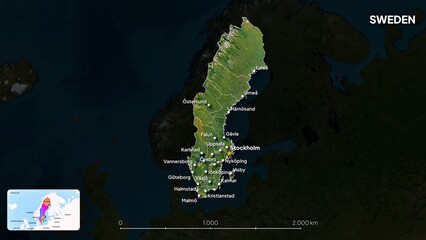 4K Sweden Border Land Map, High Resolution Satellite View with Province Lines and Highly Populated Cities, Widescreen 4K Resolution