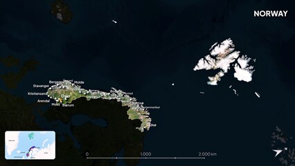 4K Norway Border Land Map, High Resolution Satellite View with Province Lines and Highly Populated Cities, Widescreen 4K Resolution