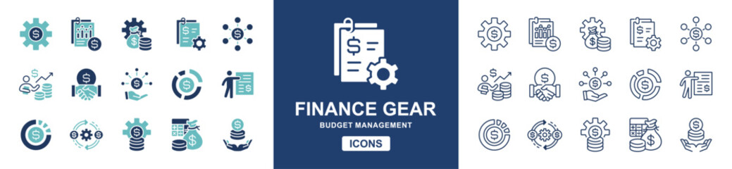 Naklejka na ściany i meble Finance management gear icon line set. Business money accounting strategy, planning, setting, analysis, target, budget, cog wheel, money contract signs vector illustration