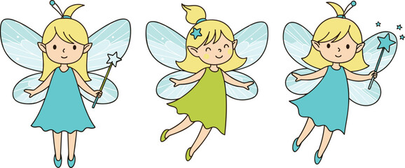 Cartoon fairy trio illustration with colorful dresses, star wands, and blue wings, vector design for fantasy, children, and magical themes