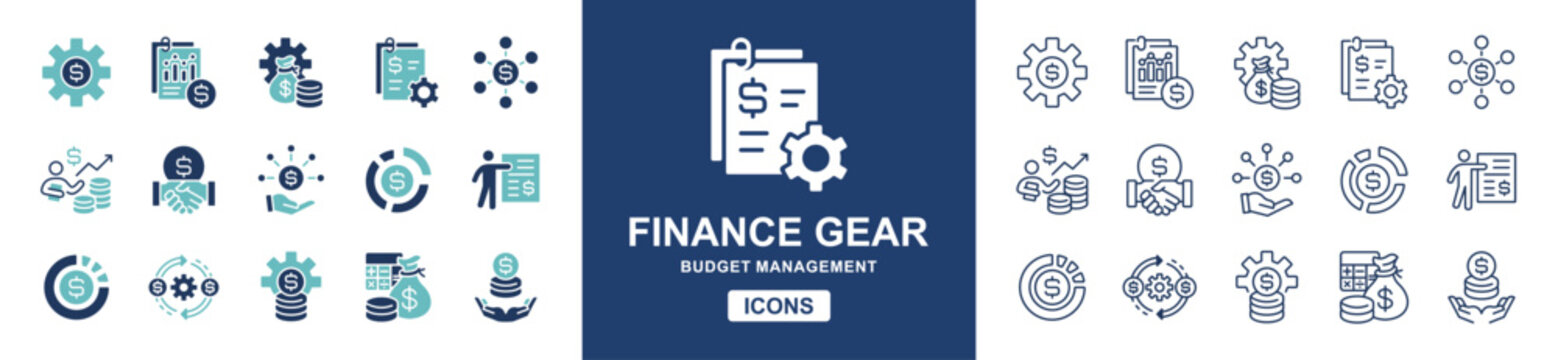 Finance management gear icon line set. Business money accounting strategy, planning, setting, analysis, target, budget, cog wheel, money contract signs vector illustration