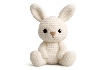Obraz premium White crochet bunny toy sitting, featuring handmade amigurumi technique for children's play and craft projects. Transparent background