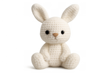 White crochet bunny toy sitting, featuring handmade amigurumi technique for children's play and craft projects. Transparent background