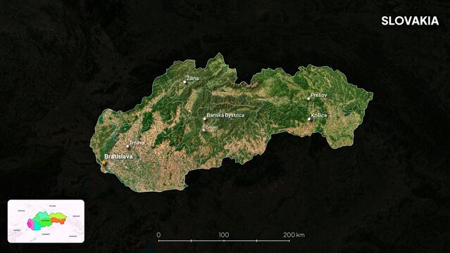 4K Slovakia Border Land Map, High Resolution Satellite View with Province Lines and Highly Populated Cities, Widescreen 4K Resolution