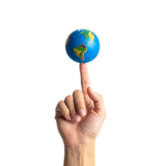 Finger balancing a small globe of Earth on a black world