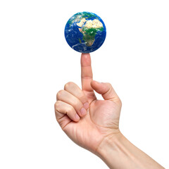 Finger balancing planet Earth on a black globe