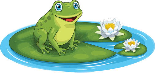 Cartoon frog sitting on lily pad with water lilies, cheerful pond scene vector illustration, nature and children’s education concept