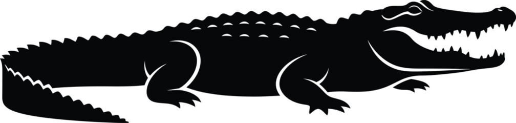 Silhouette of an aggressive alligator with open jaws and sharp teeth powerful reptile wildlife concept flat design vector illustration isolated on transparent background