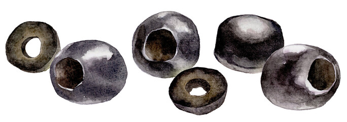 ブラックオリーブのオイル漬け　水彩イラスト