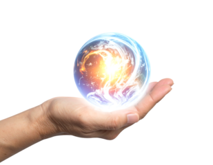 Hand Holding Earth Like Glowing Orb Against Black Keywords: hand, holding, orb, earth