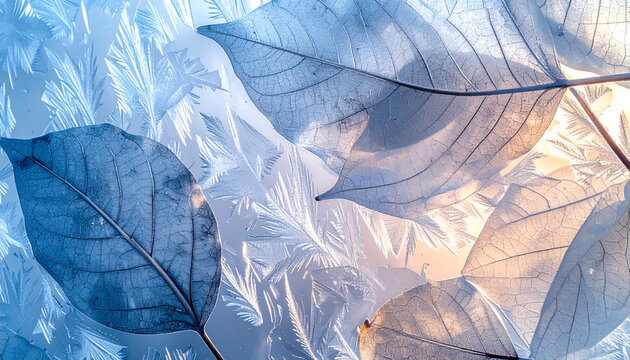 Skeletonized leaves backlit against frosty window patterns