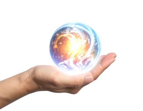 Hand Holding Earth Like Glowing Orb Against Black Keywords: hand, holding, orb, earth