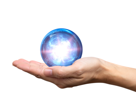 Hand Holding Glowing Blue Energy Orb Against Black Keywords: hand, holding, orb