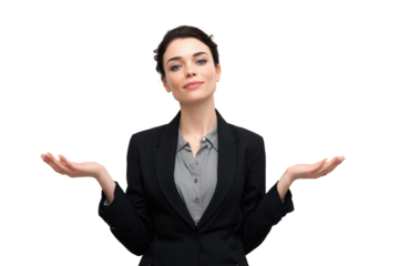 Confident businesswoman wearing black suit with open palms isolated