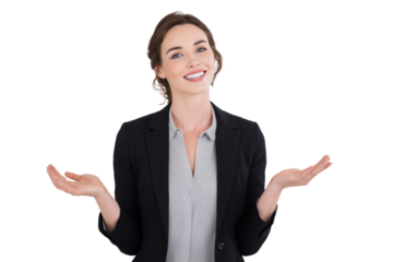 Smiling businesswoman in a blazer gesturing with hands isolated