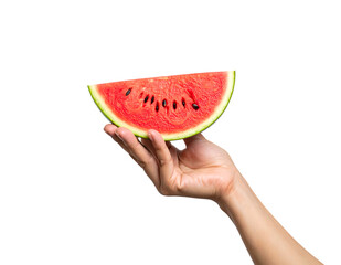 Hand Holding Slice of Watermelon with Seeds on Black fruit