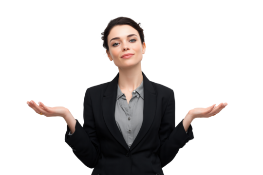 Confident businesswoman wearing black suit with open palms isolated