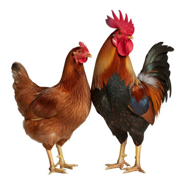 rooster and hen isolated on white background