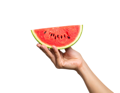 Hand Holding Slice of Watermelon with Seeds on Black fruit - Powered by Adobe