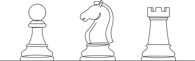 Chess piece illustration with pawn, knight, and rook in black outline, strategic board game vector design, minimal and educational concept
