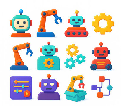 Colorful robot icons with gears and controls - Powered by Adobe