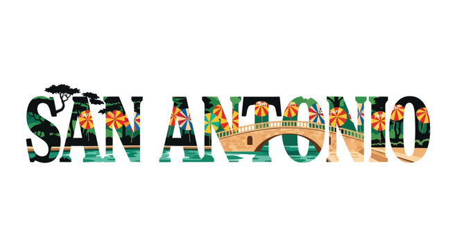 San Antonio Texas Riverwalk Vibrant Typographic Illustration