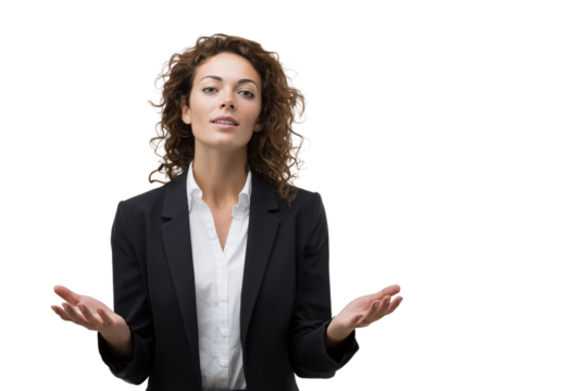 Businesswoman gesturing and explaining with confidence isolated