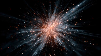 Fototapeta premium Explosive starburst golden particles white streaks radiate from a bright center against a dark background