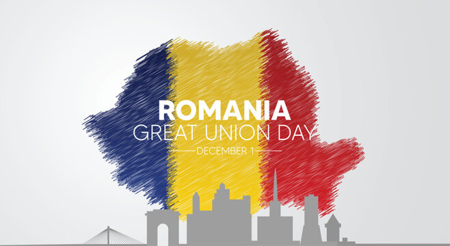 Romania Great Union Day celebration with national flag map and city skyline - Powered by Adobe