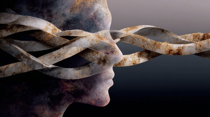 Abstract human profile with surreal strands around eyes. contemplative concept of mind, thought, consciousness, psychology, and mystery