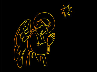 color gradient. Angel with halo in prayer gesture, divine being with wings looking down, religious concept for Christmas and holiday graphic. Vector line art hand drawn illustration