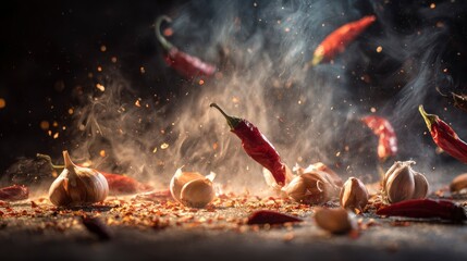 Garlic bulbs and chili peppers with scattered spices in a dark misty setting