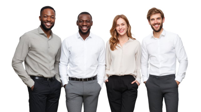 Group of four business professionals smiling together cut out