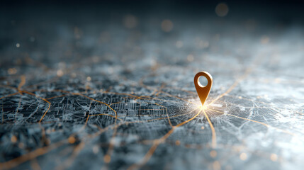 Glowing gold location pin on digital map marks destination, showing navigation route through network for gps travel and guidance