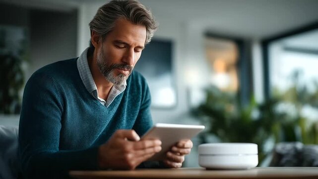 Caucasian middle aged man holding digital tablet sitting near wireless router on table focusing on device setup process in modern home or office environment router setup home net