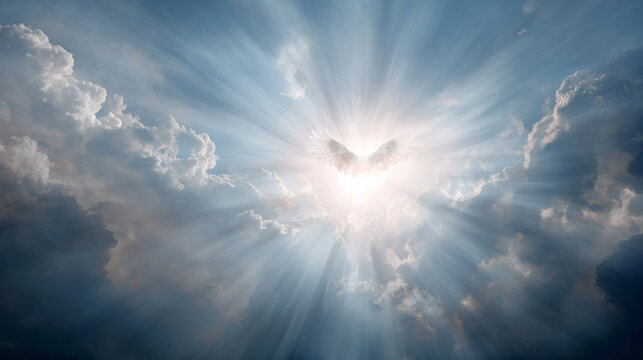 Divine angel with white wings in bright light from heaven. spiritual symbol of hope, peace, and faith in dramatic blue sky with cloud
