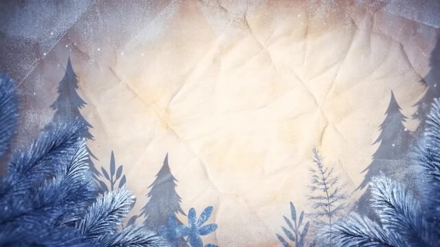 A Captivating Winter Landscape Illustration Featuring Textured Paper Background and Frosted Pines, Perfect for Seasonal Art or Nature-Inspired Designs
