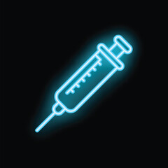 Blue neon syringe glowing on a black background, a great design element for healthcare or medical concepts
