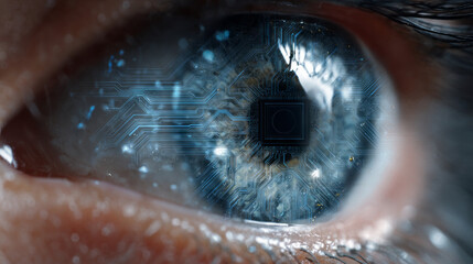 Intense futuristic blue eye with technological circuit data reflection. bionic vision concept of cyborg future with microchip and innovation