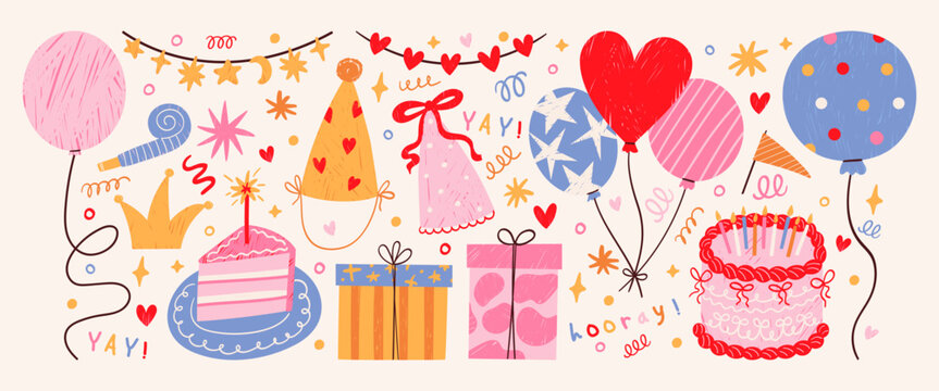 Kids birthday party decorative elements, balloons, cakes and gifts with hatching pencil texture scattered on background. Childlike crayons vector drawings for celebration event designs