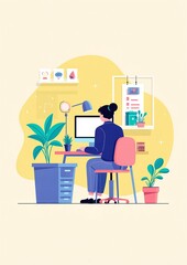 Businesswoman working at computer desk surrounded by plants