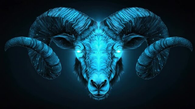 A stylized glowing ram head in teal on dark background with bright eyes and flowing lines