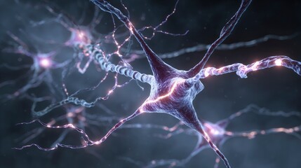 Neurons firing with axons and dendrites shown in a purple hue and small lights