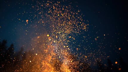 Night scene with sparks and flames rising from a fire set against a dark blue sky with hints of trees